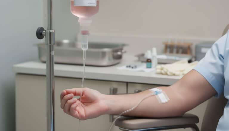 Perfusion intraveineuse de fer en cours dans un cabinet médical, avec pansement sur le bras du patient