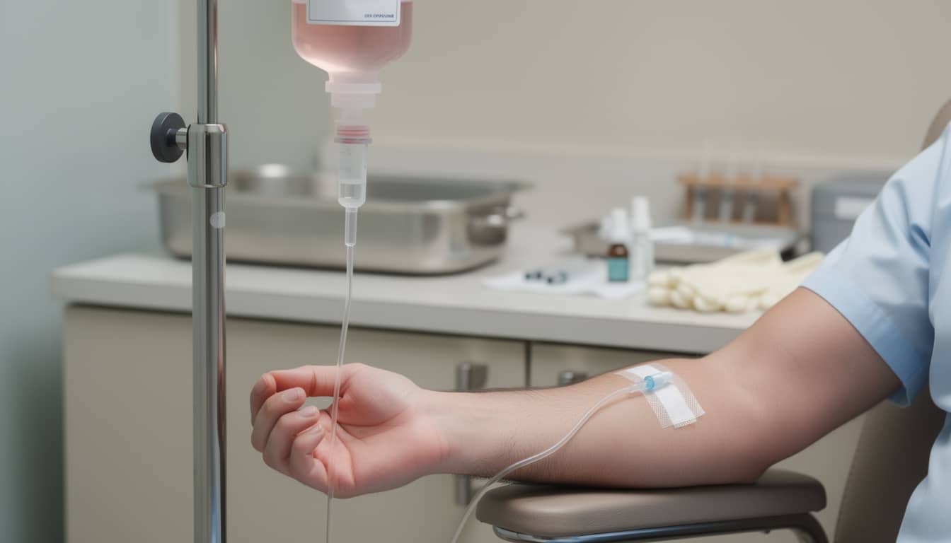 Perfusion intraveineuse de fer en cours dans un cabinet médical, avec pansement sur le bras du patient