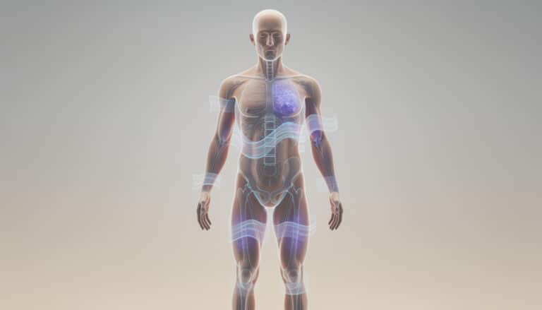 Illustration anatomique du corps féminin montrant le système nerveux autonome et les zones affectées par les tremblements intérieurs