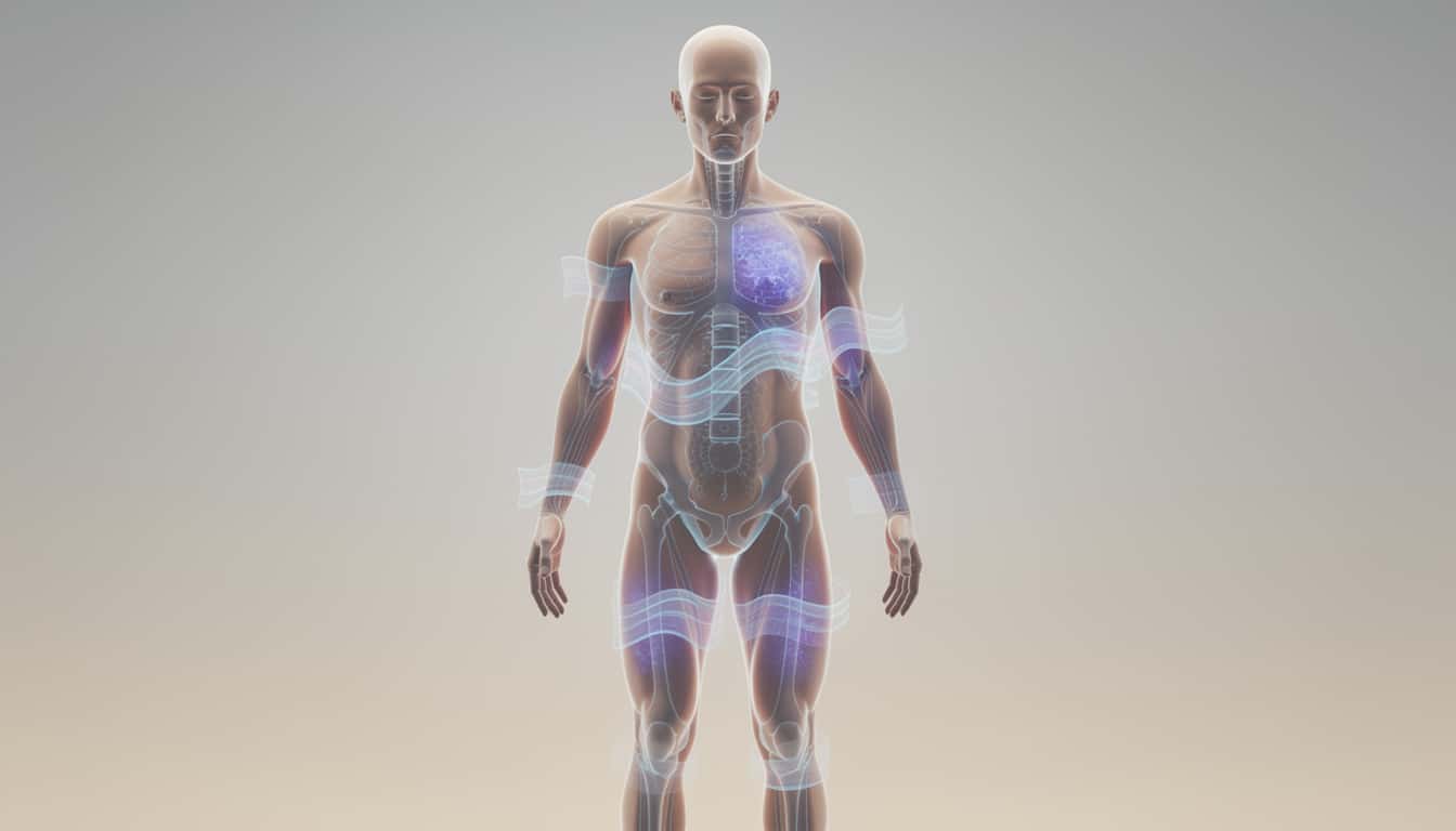 Illustration anatomique du corps féminin montrant le système nerveux autonome et les zones affectées par les tremblements intérieurs