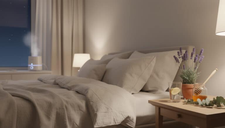 Chambre apaisante avec lit bien aligné, lavande et verre d'eau pour améliorer le sommeil et réduire l'apnée