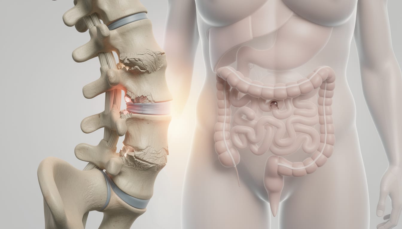 Illustration médicale montrant la colonne vertébrale lombaire avec arthrose et l'intestin grêle, démontrant le lien anatomique entre douleurs lombaires et troubles digestifs