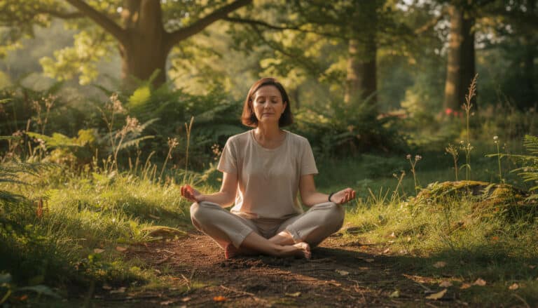 Femme en méditation assise pieds nus sur la terre en forêt, pratiquant le grounding pour améliorer son bien-être