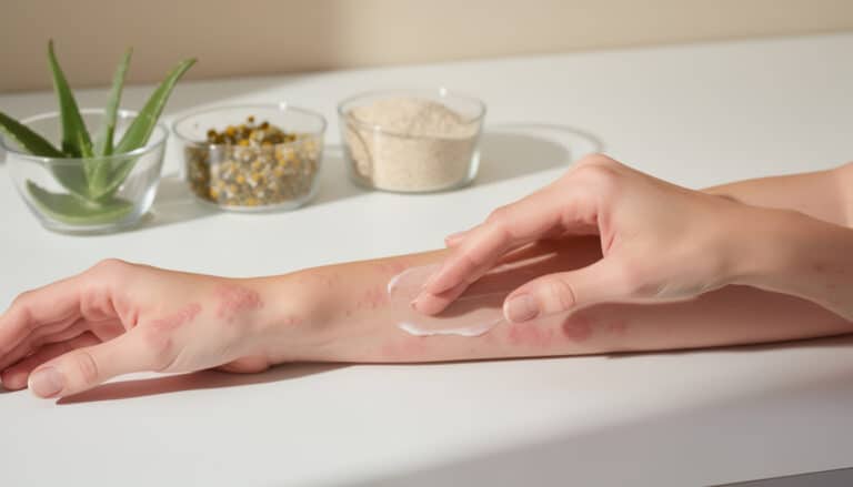 Application de crème apaisante sur peau avec plaques d'urticaire, aloe vera et ingrédients naturels en arrière-plan