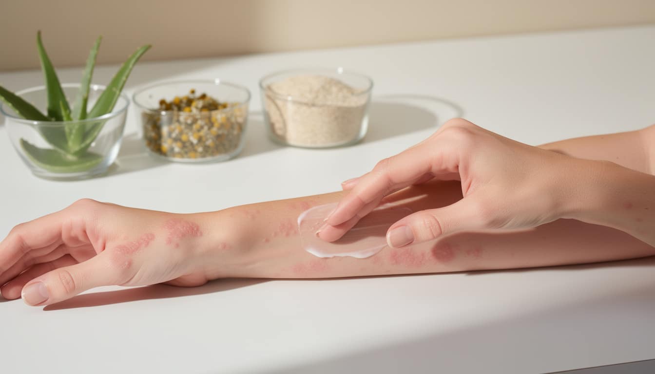 Application de crème apaisante sur peau avec plaques d'urticaire, aloe vera et ingrédients naturels en arrière-plan