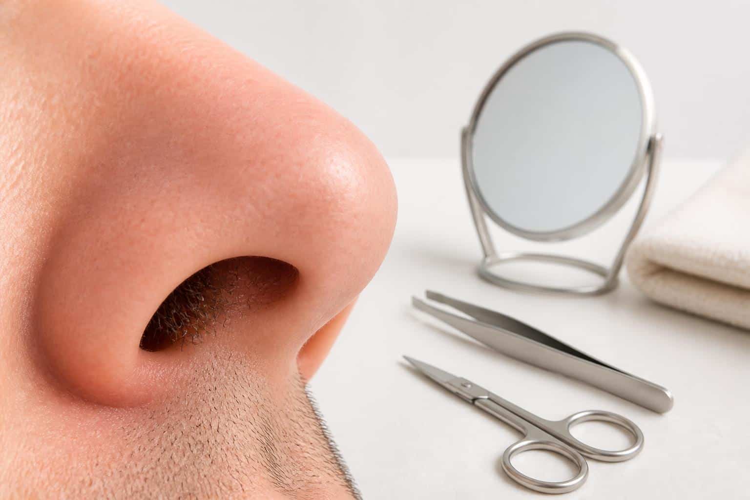 Gros plan d'une narine avec poils visibles et outils d'entretien nasal : miroir, ciseaux et pince