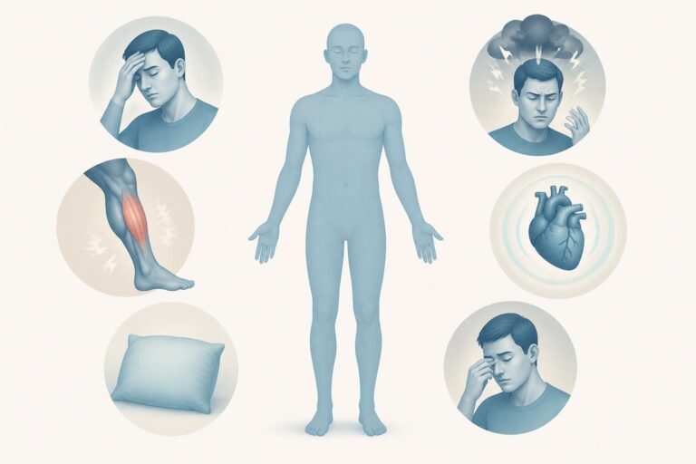 Infographie des symptômes du manque de magnésium : fatigue, crampes, palpitations, troubles du sommeil et irritabilité
