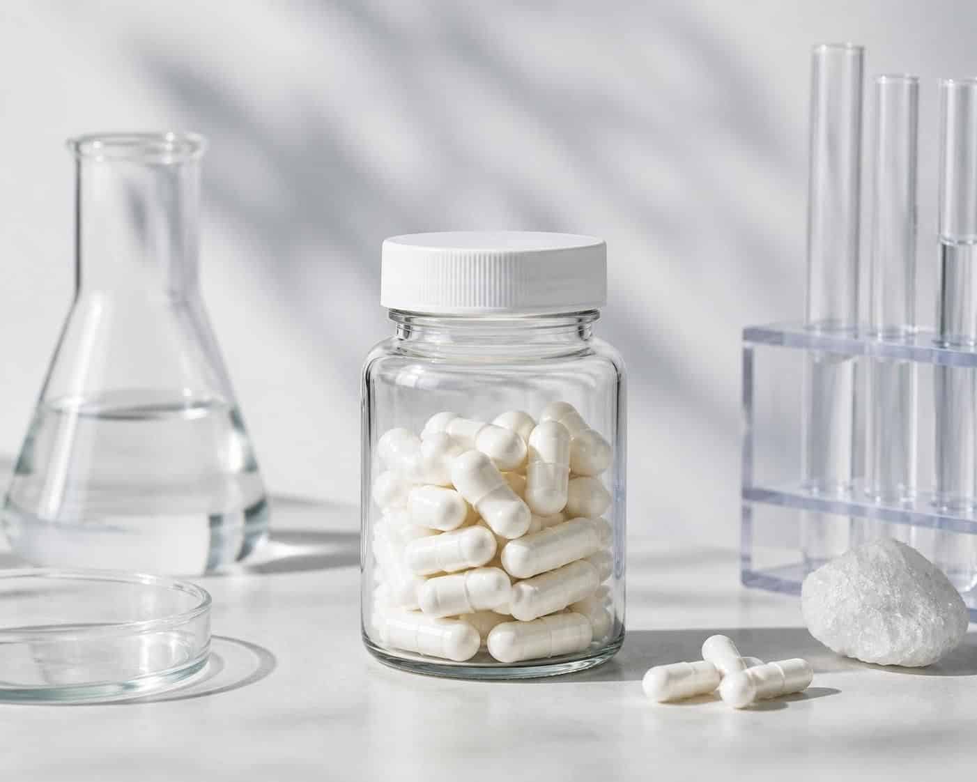 Flacon de gélules blanches posé près de verrerie de laboratoire