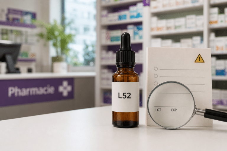 Flacon L52 avec notice de vérification en pharmacie