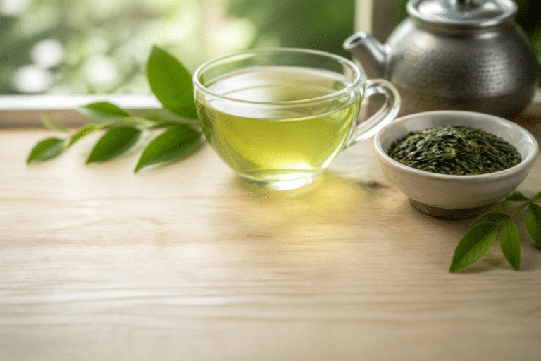Tasse de thé vert avec feuilles en vrac et théière sur une table claire