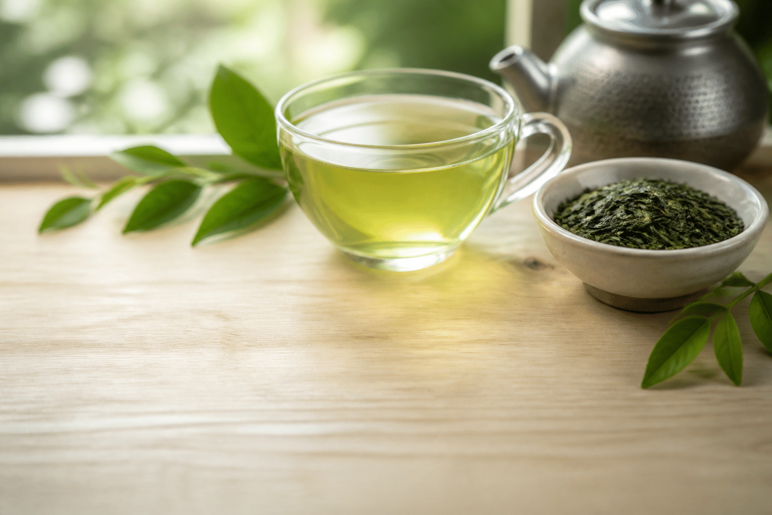 Tasse de thé vert avec feuilles en vrac et théière sur une table claire