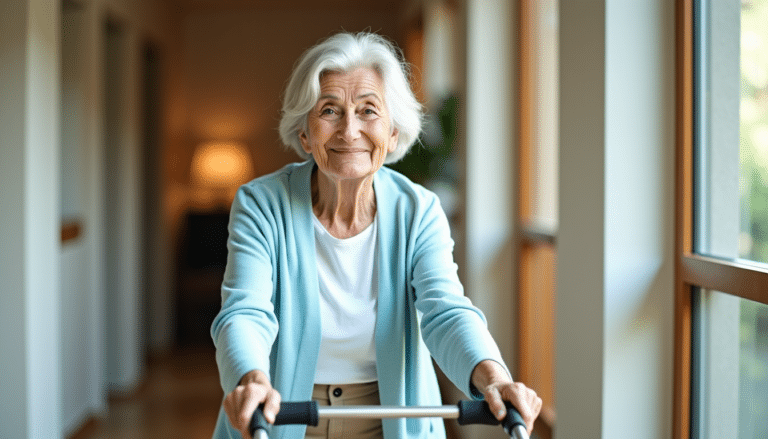 Femme âgée souriante utilisant un rollator 4 roues pour se déplacer en toute autonomie dans son couloir