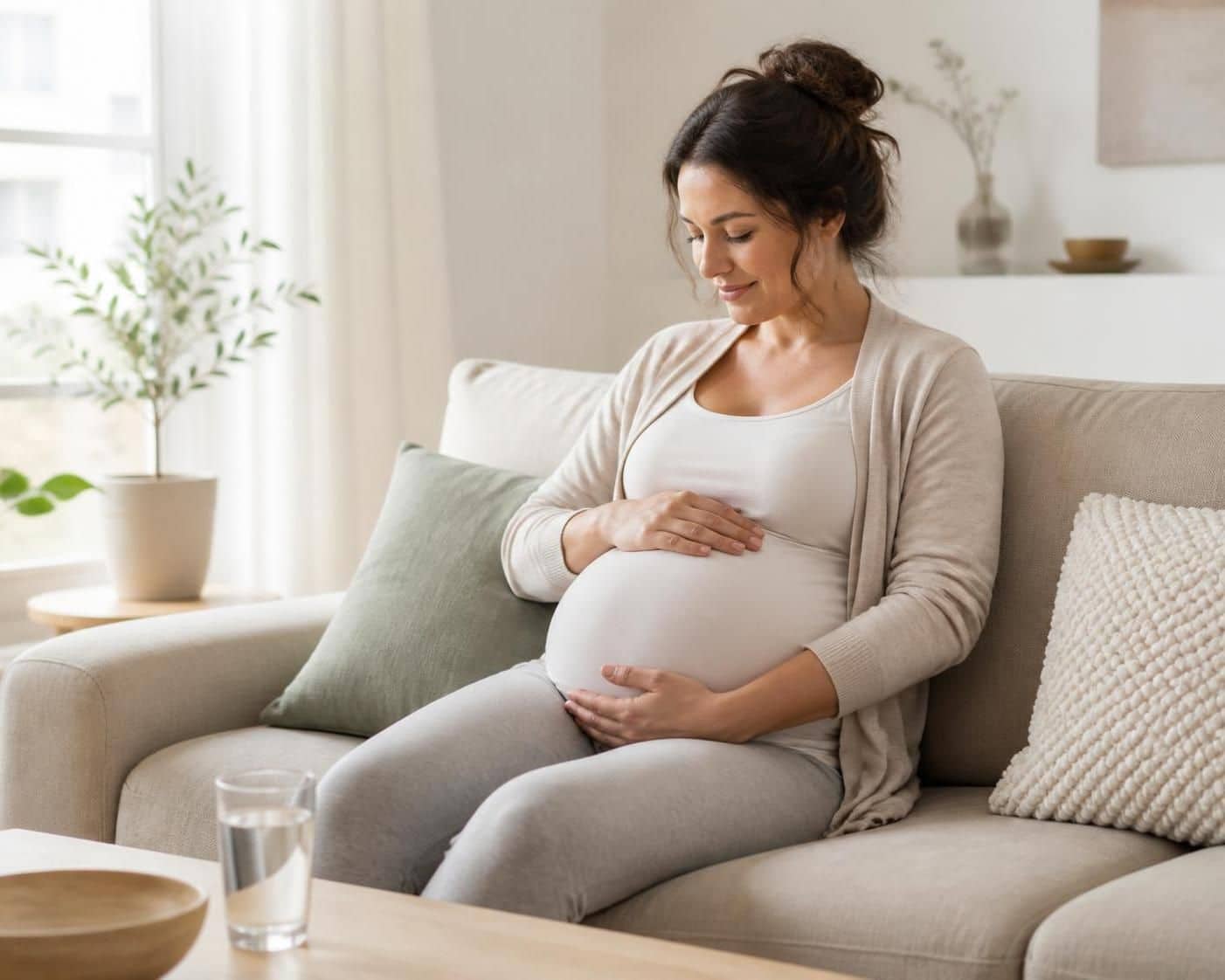 Femme enceinte assise sur un canapé avec un verre d’eau à côté