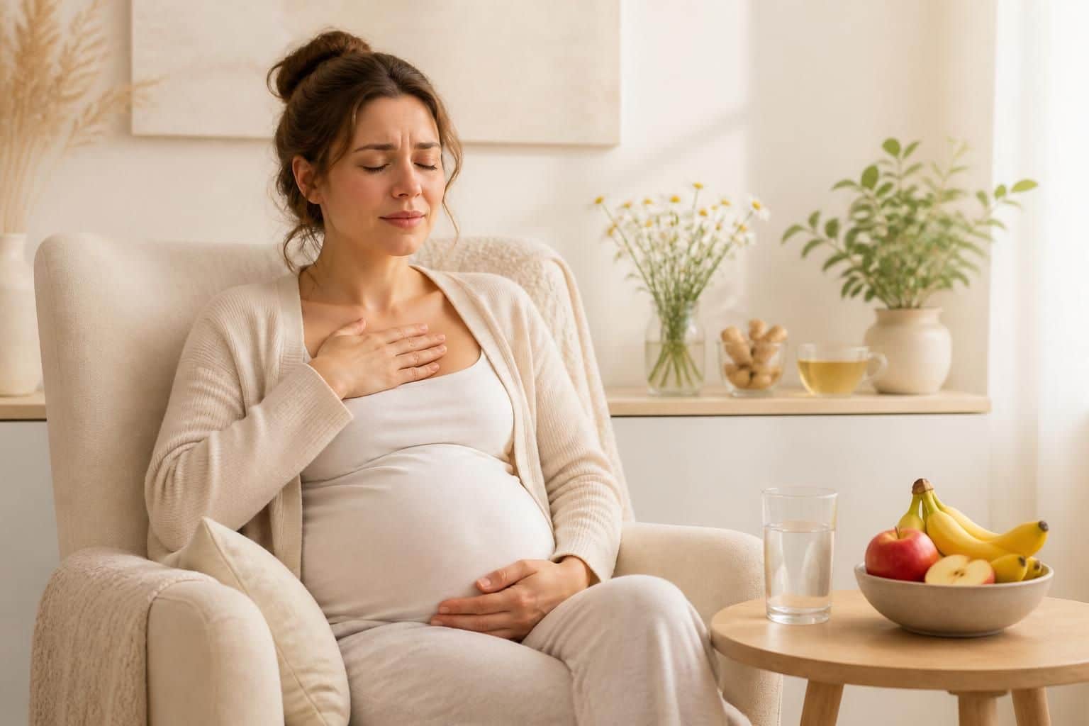 Femme enceinte assise, une main sur la poitrine et l’autre sur le ventre