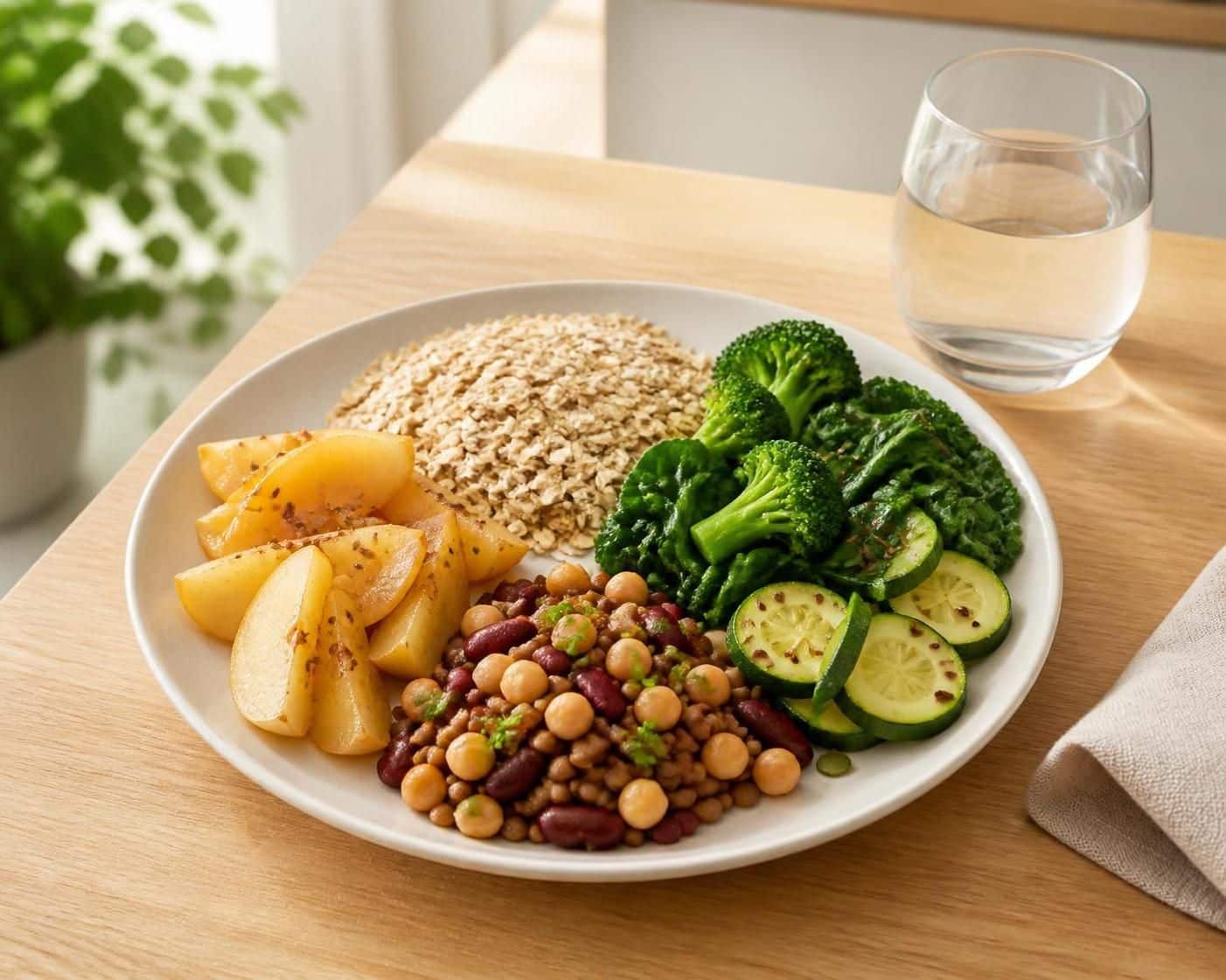 Assiette de légumes, pommes de terre, avoine, lentilles, pois chiches et haricots