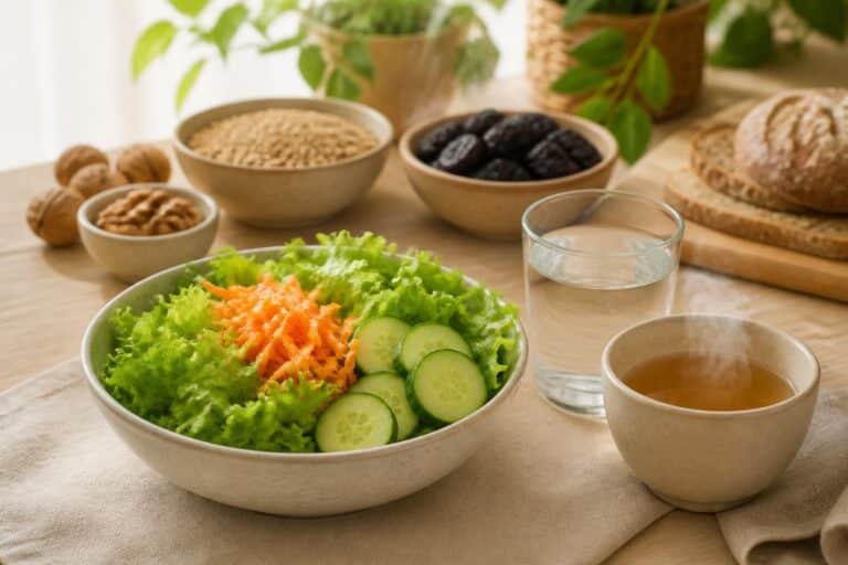 Salade verte, carotte et concombre avec céréales, pruneaux, noix et pain