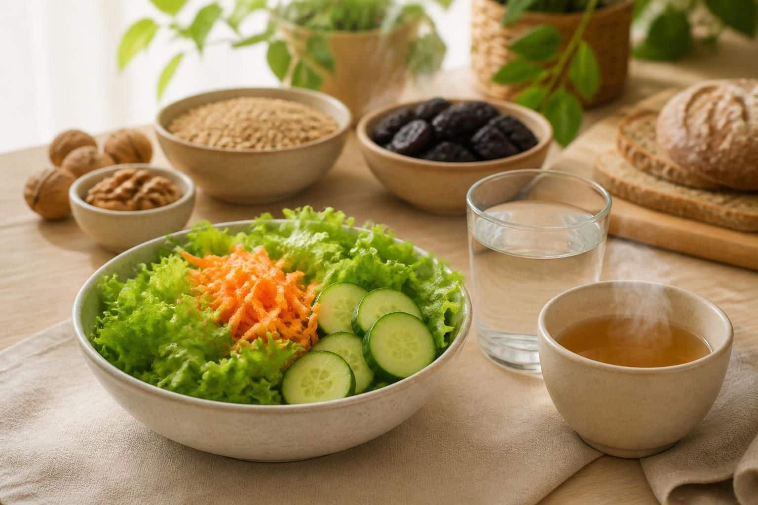 Salade verte, carotte et concombre avec céréales, pruneaux, noix et pain