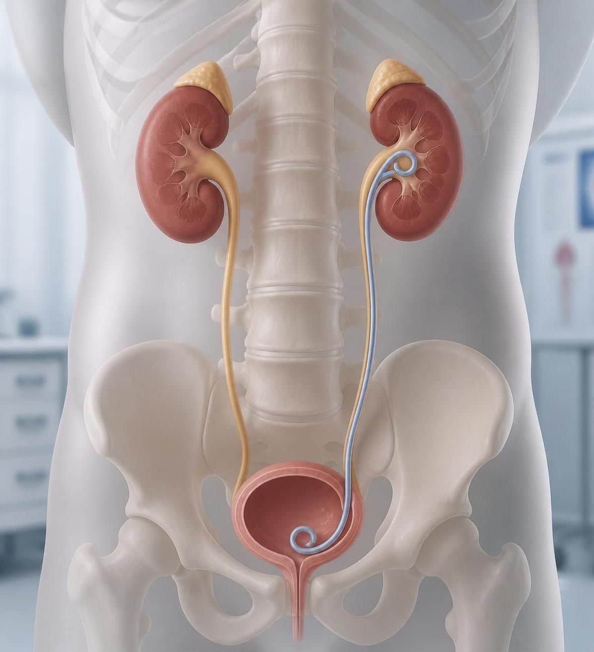 Illustration des reins et de la vessie avec une sonde bleue dans l’uretère droit