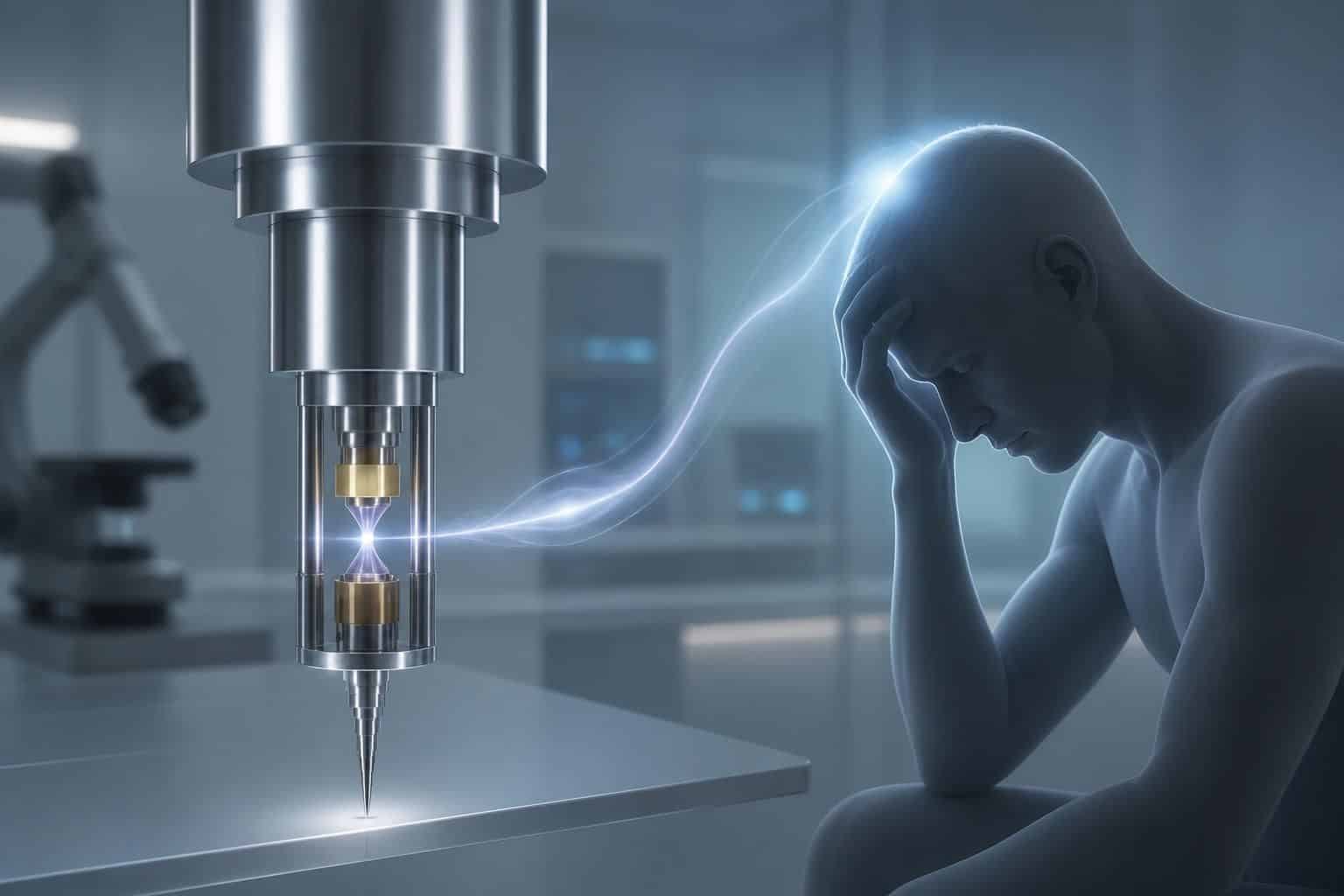 Personne assise la tête dans la main face à un appareil de laboratoire muni d’une aiguille