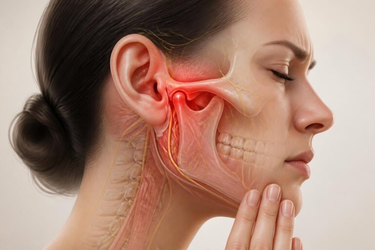 Illustration anatomique montrant l’oreille, la mâchoire et les nerfs du visage