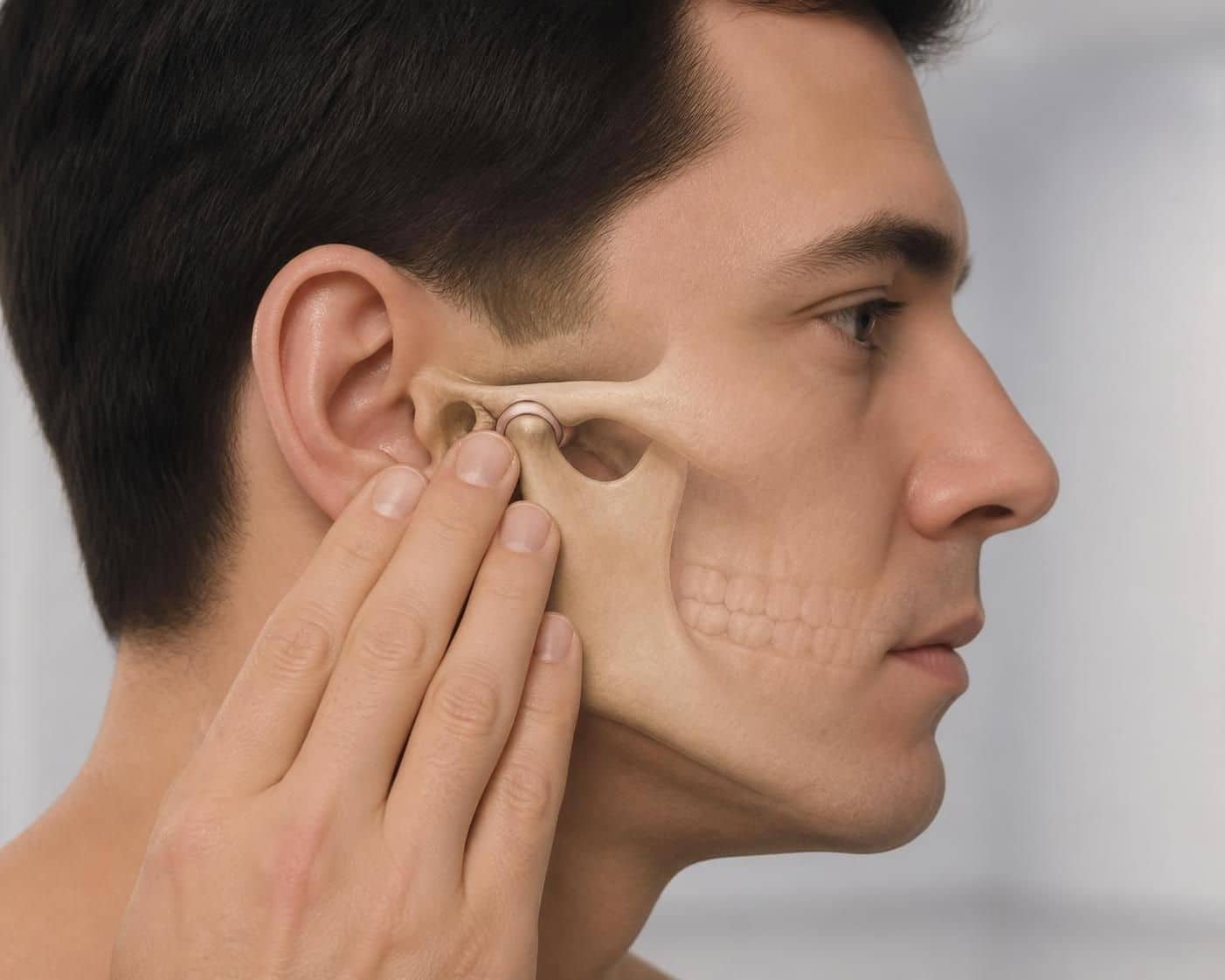 Homme posant les doigts devant son oreille sur une vue partielle du crâne