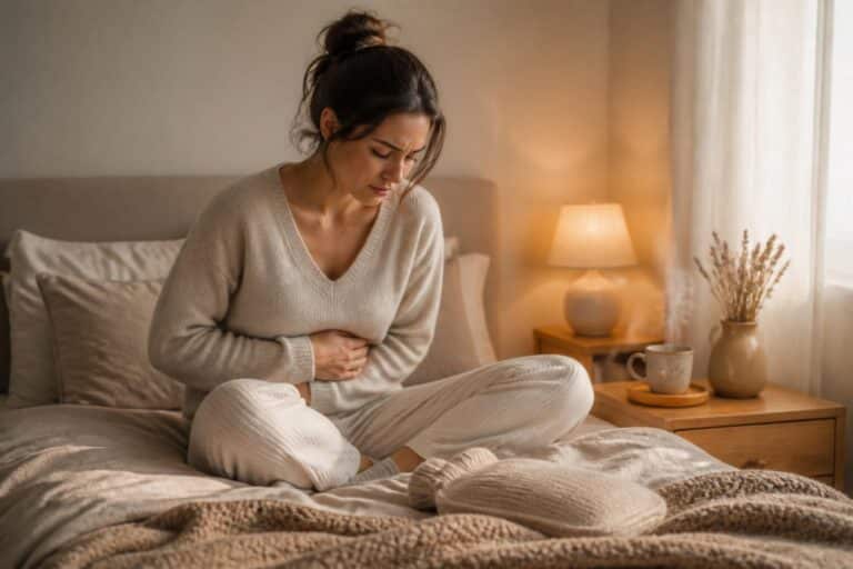 Femme assise sur un lit, une main posée sur le ventre