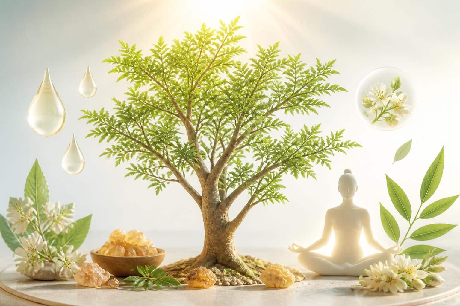 Arbre de boswellia avec résine, fleurs blanches et silhouette méditative