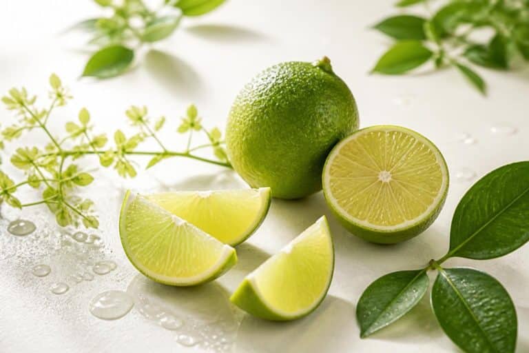 Citron vert entier, demi-citron et quartiers avec des feuilles sur une surface claire