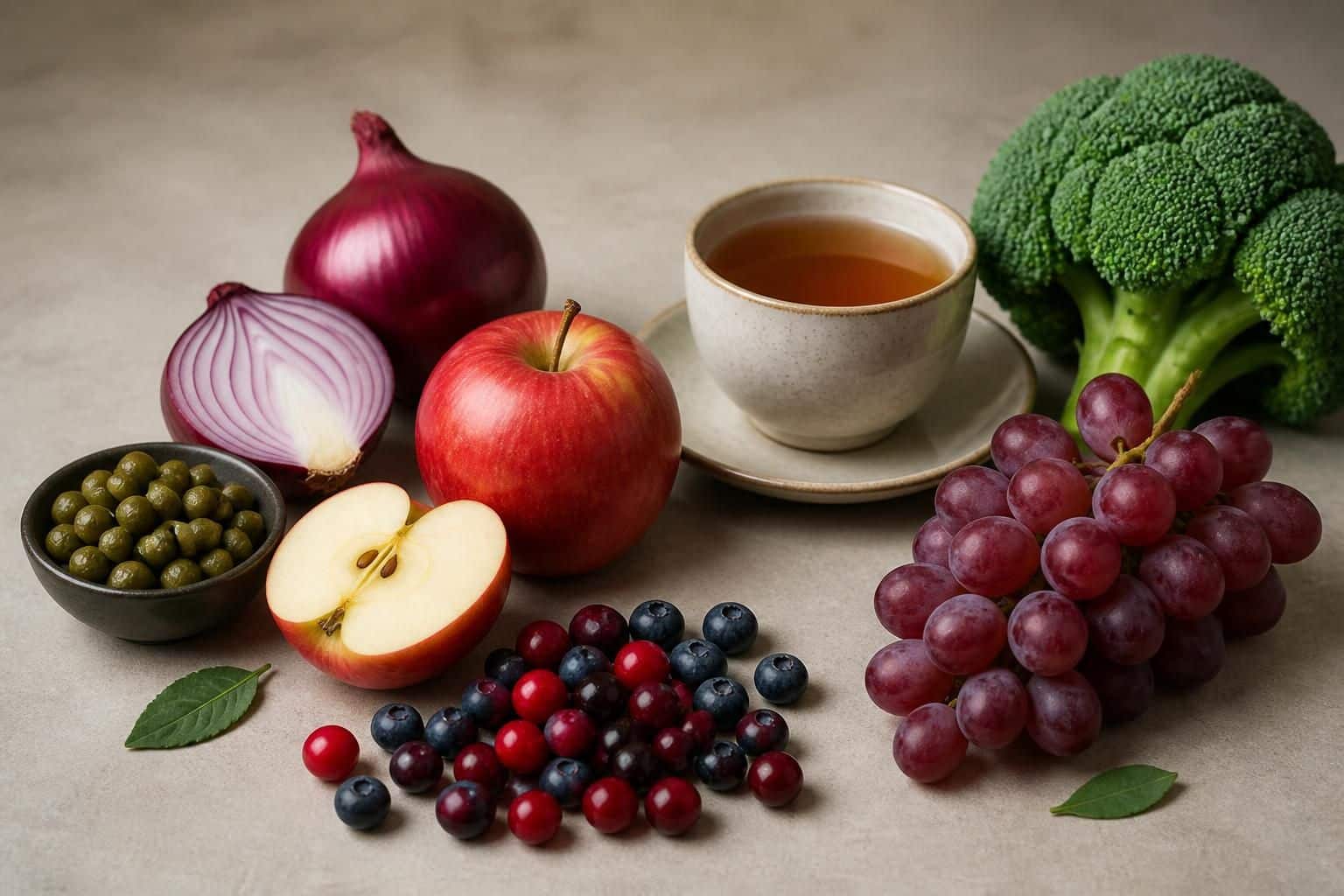 Pomme, oignons rouges, brocoli, raisins et baies autour d’une tasse