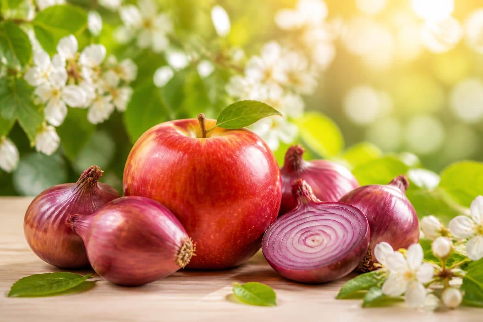 Pomme rouge et oignons rouges disposés devant des branches fleuries
