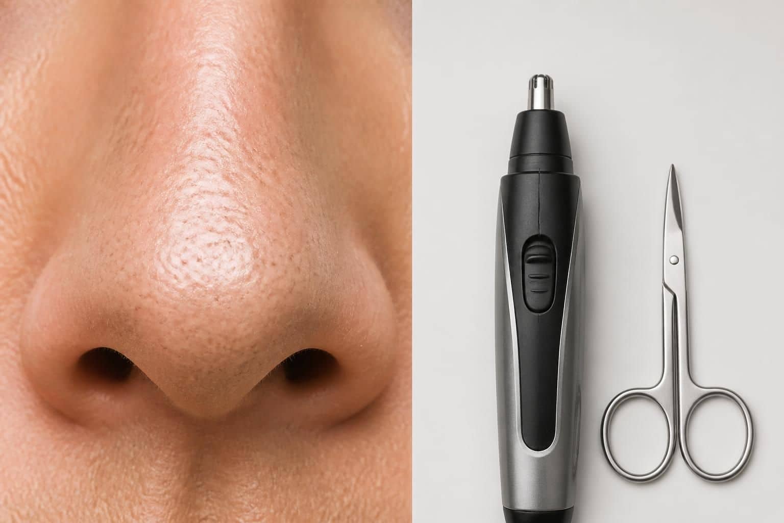 Nez, tondeuse électrique et petits ciseaux de précision posés côte à côte