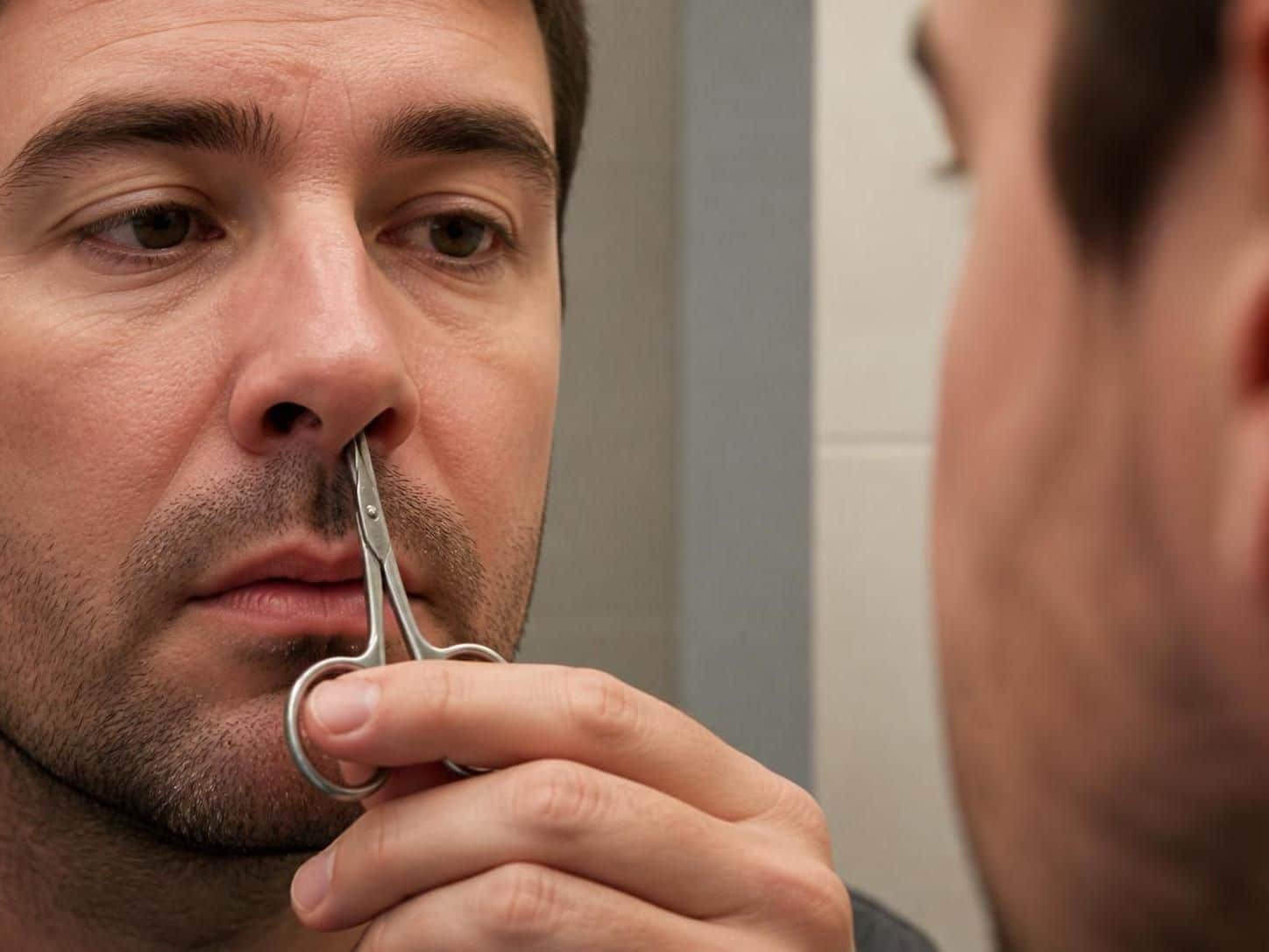 Homme taillant les poils d’une narine avec de petits ciseaux devant un miroir