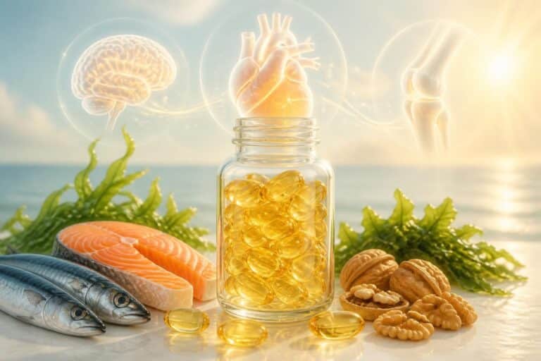 Flacon de capsules d’oméga 3 avec poisson, saumon, noix et silhouettes d’organes