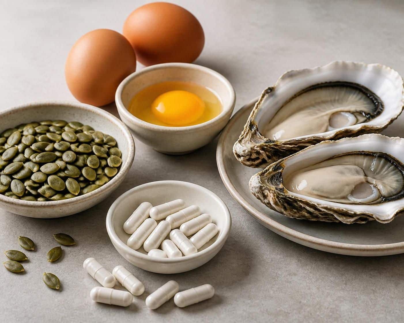 Œufs, graines de courge, huîtres et gélules disposés sur une table claire