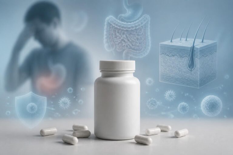 Flacon blanc et gélules devant des schémas de peau et d’appareil digestif