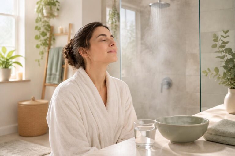 Femme en peignoir blanc, yeux fermés, dans une salle de bain avec douche vaporeuse