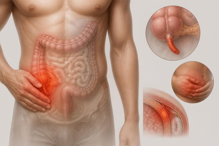 Torse illustré, main posée sur le bas-ventre droit, zone rouge illustrant une douleur