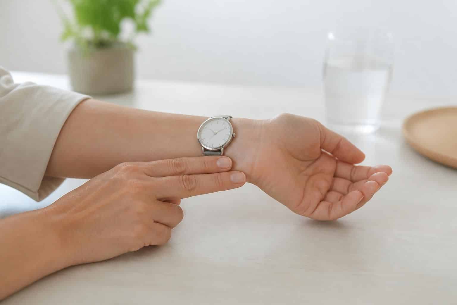 Deux doigts posés sur le poignet gauche, près d'une montre analogique, sur une table claire