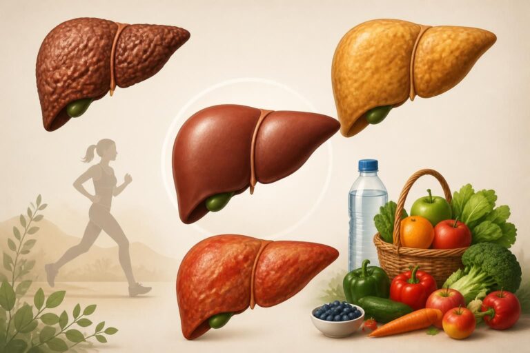 Quatre foies illustrés de couleurs différentes, une silhouette de coureuse et un panier de fruits