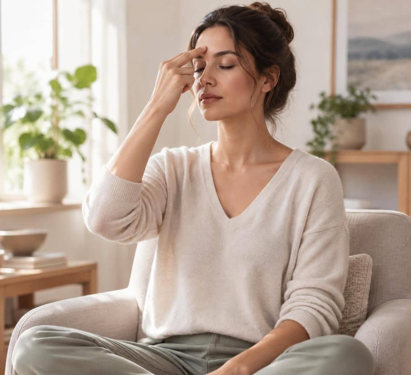 Femme assise les yeux fermés, un doigt au milieu du front, dans un salon lumineux