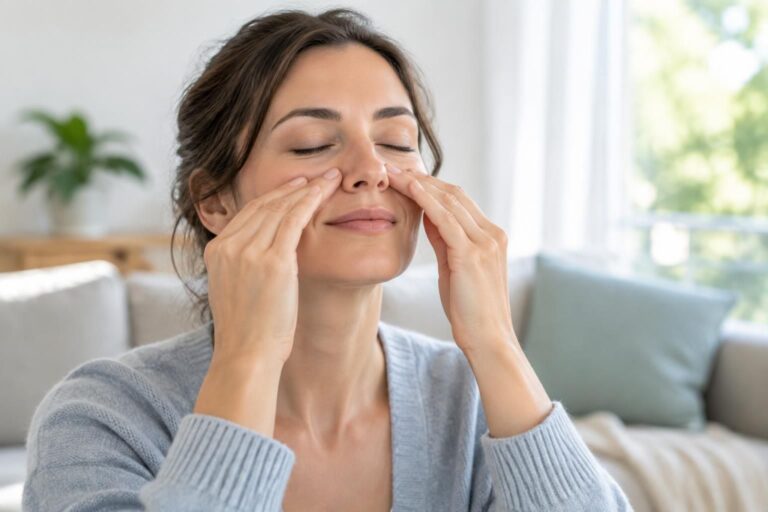 Femme les yeux fermés, les doigts sur les côtés du nez, dans un salon clair
