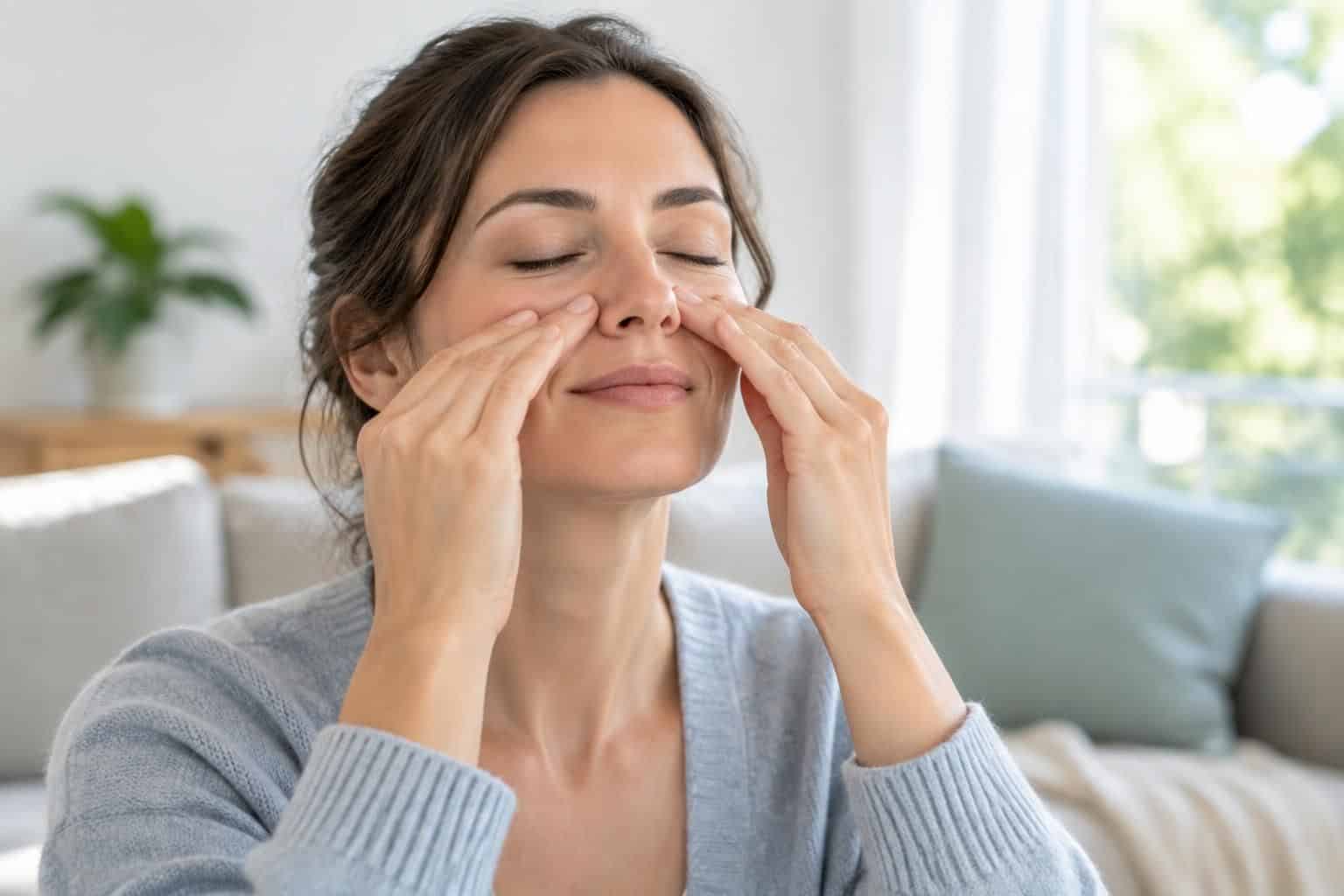 Femme les yeux fermés, les doigts sur les côtés du nez, dans un salon clair