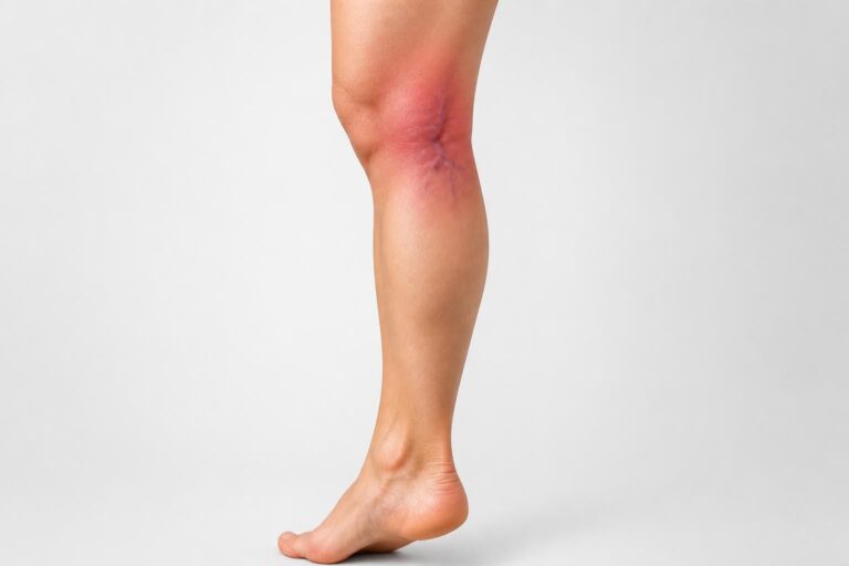 Jambe légèrement fléchie, talon relevé et zone rouge autour du genou sur fond gris