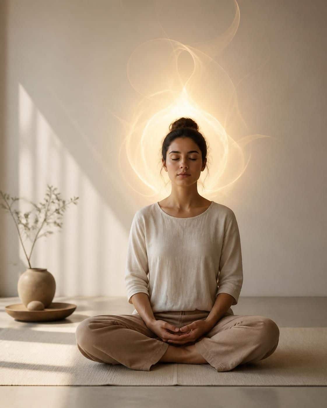 Femme assise en tailleur, les yeux fermés, une lumière dorée tourbillonnant autour de sa tête