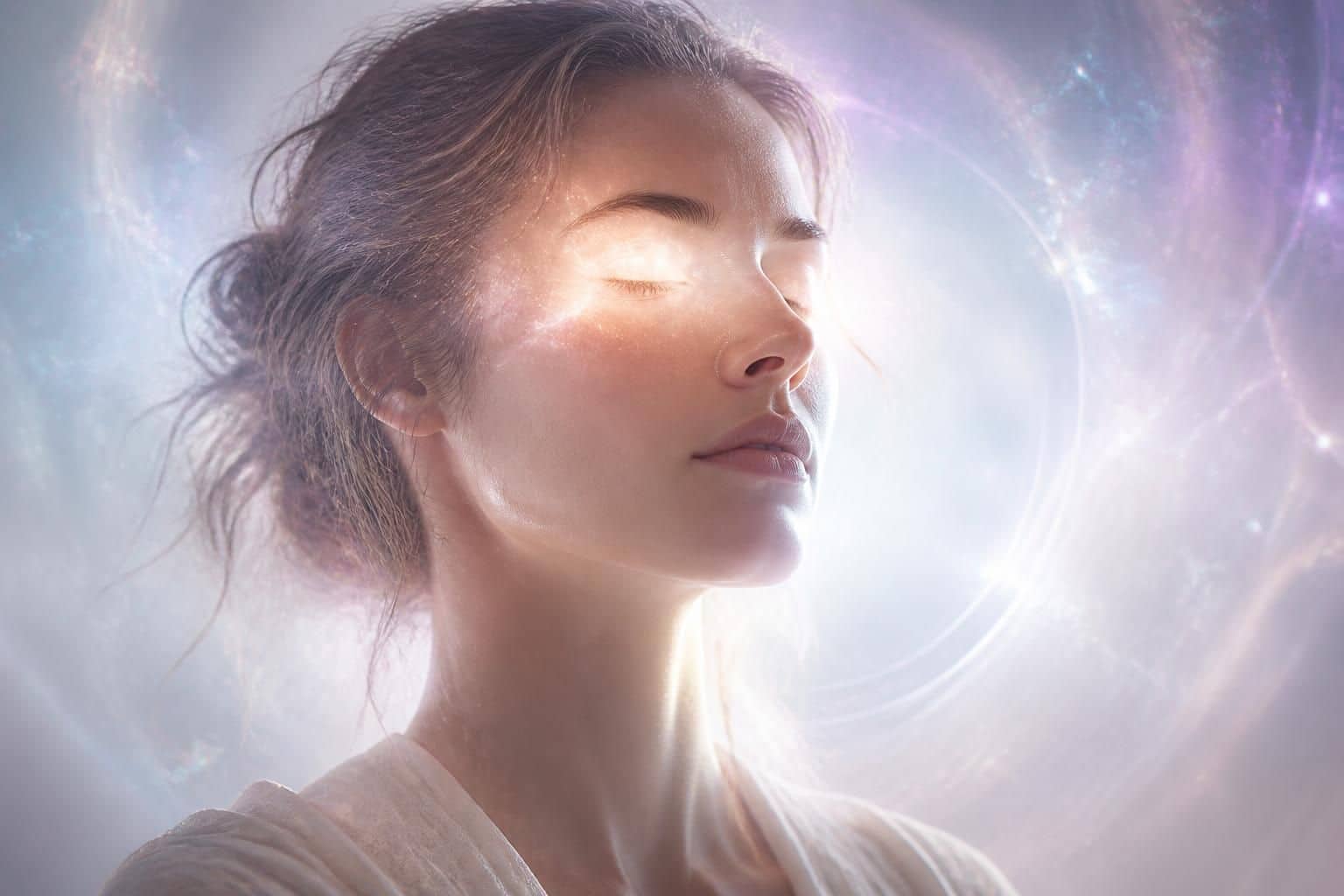 Femme de profil, les yeux fermés, le visage baigné d'une lumière dorée sur un fond de nuages lumineux