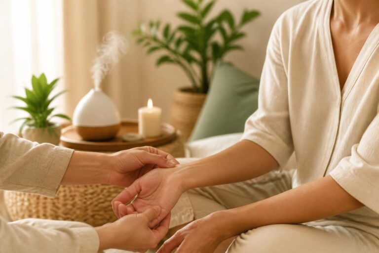 Mains tenant le poignet d’une personne assise, paume tournée vers le haut