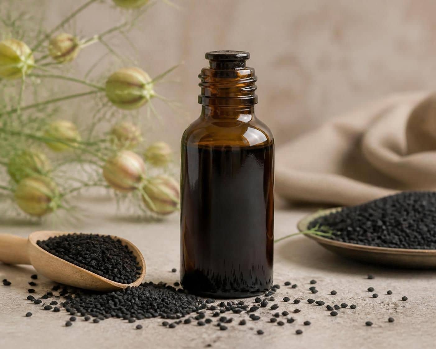 Bouteille ambrée de liquide sombre, cuillère en bois et graines noires éparpillées
