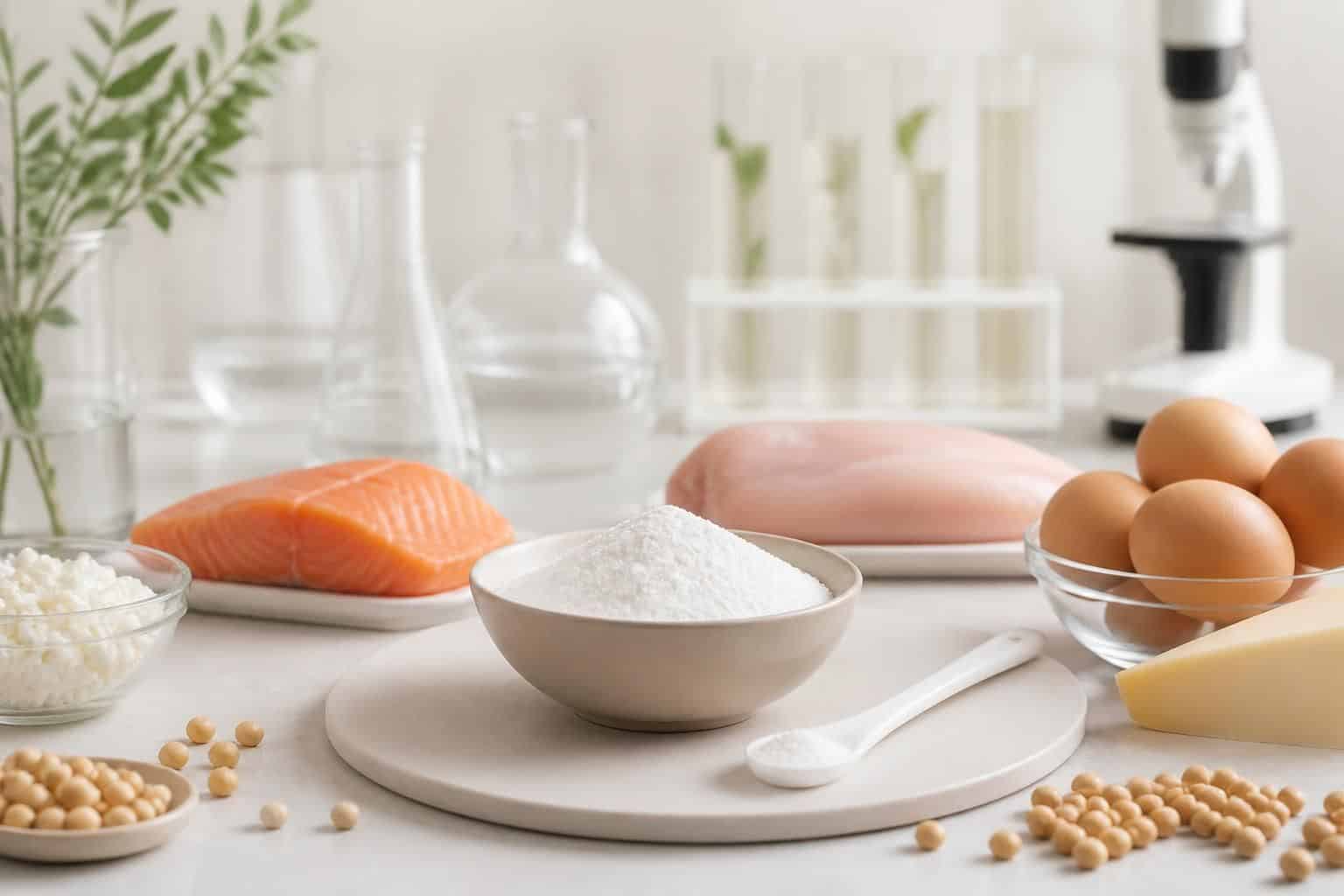 Bol de poudre blanche entouré d’œufs, de saumon, de fromage et de légumineuses