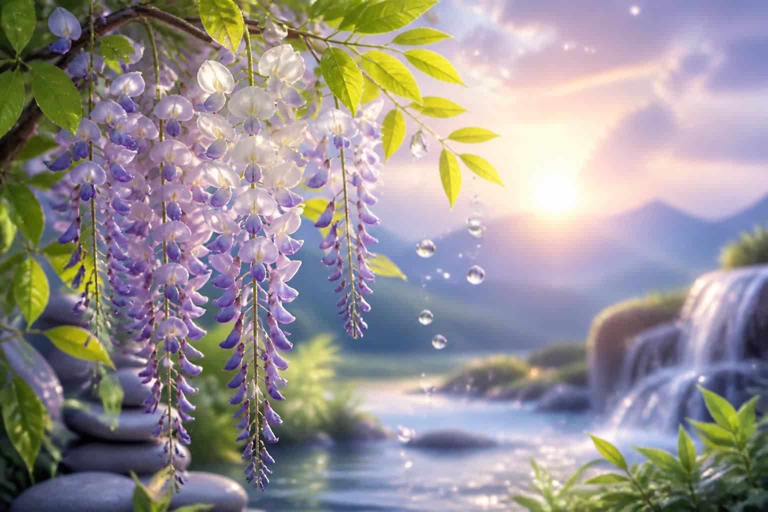 Fleurs violettes suspendues près d’une cascade éclairée par le soleil