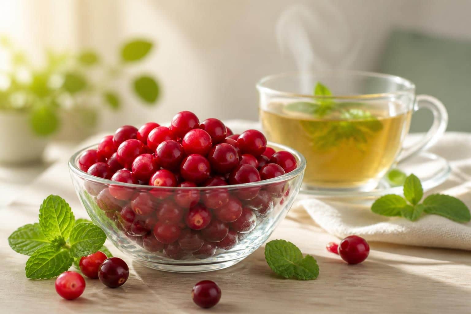 Bol en verre rempli de cranberries devant une tasse d’infusion à la menthe